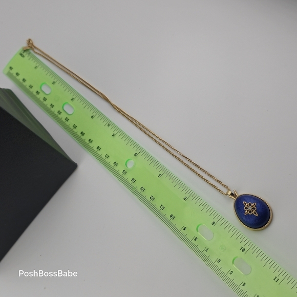 Vintage Avon faux guilloche enamel necklace cobalt blue tear drop dome - Picture 10 of 11